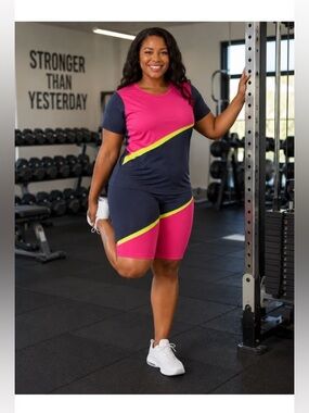 TRUE ROCK Pink, Navy & Neon Yellow Athletic Two-Piece Set
